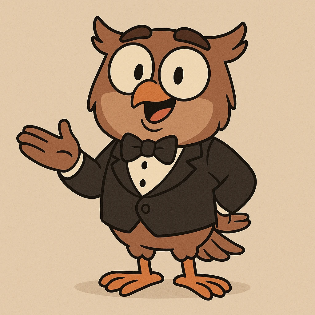 a friendly owl in a tuxedo, eager to help, cartoon style emoji