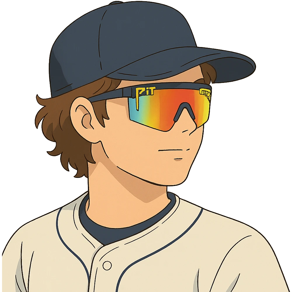 ghibli style illustration of a baseball player with brown hair, no beard, baseball cap, and Pit Viper sunglasses emoji