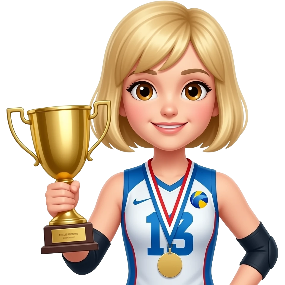 a blond girl with bob haircut and brown eyes, wearing a volleyball uniform, holding a golden cup because she won a competition emoji