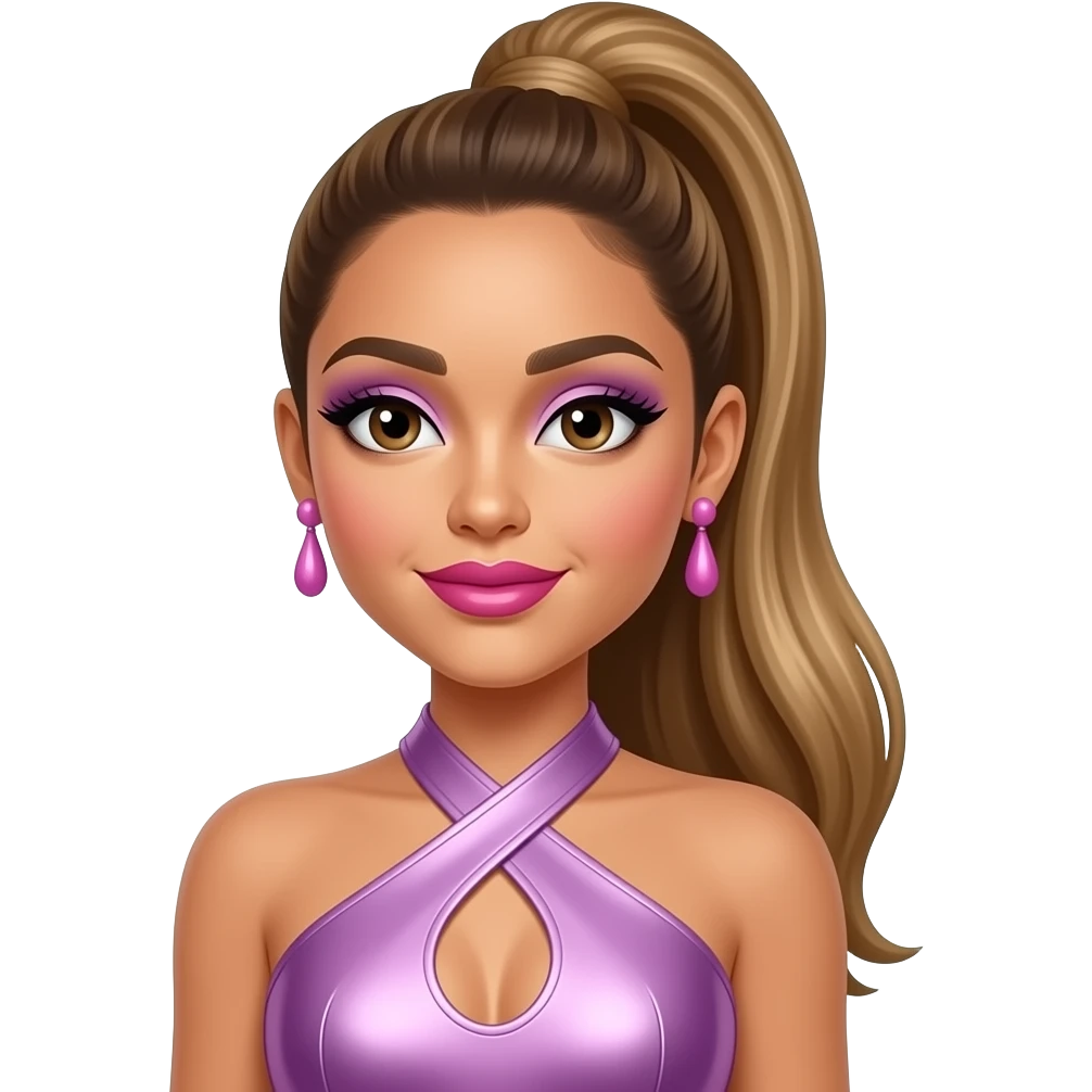 Ariana Grande with brown eyes, long golden brown high ponytail hair, lavender eyeshadow, hot pink lipstick, lavender pink metallic halter dress, pink earrings emoji