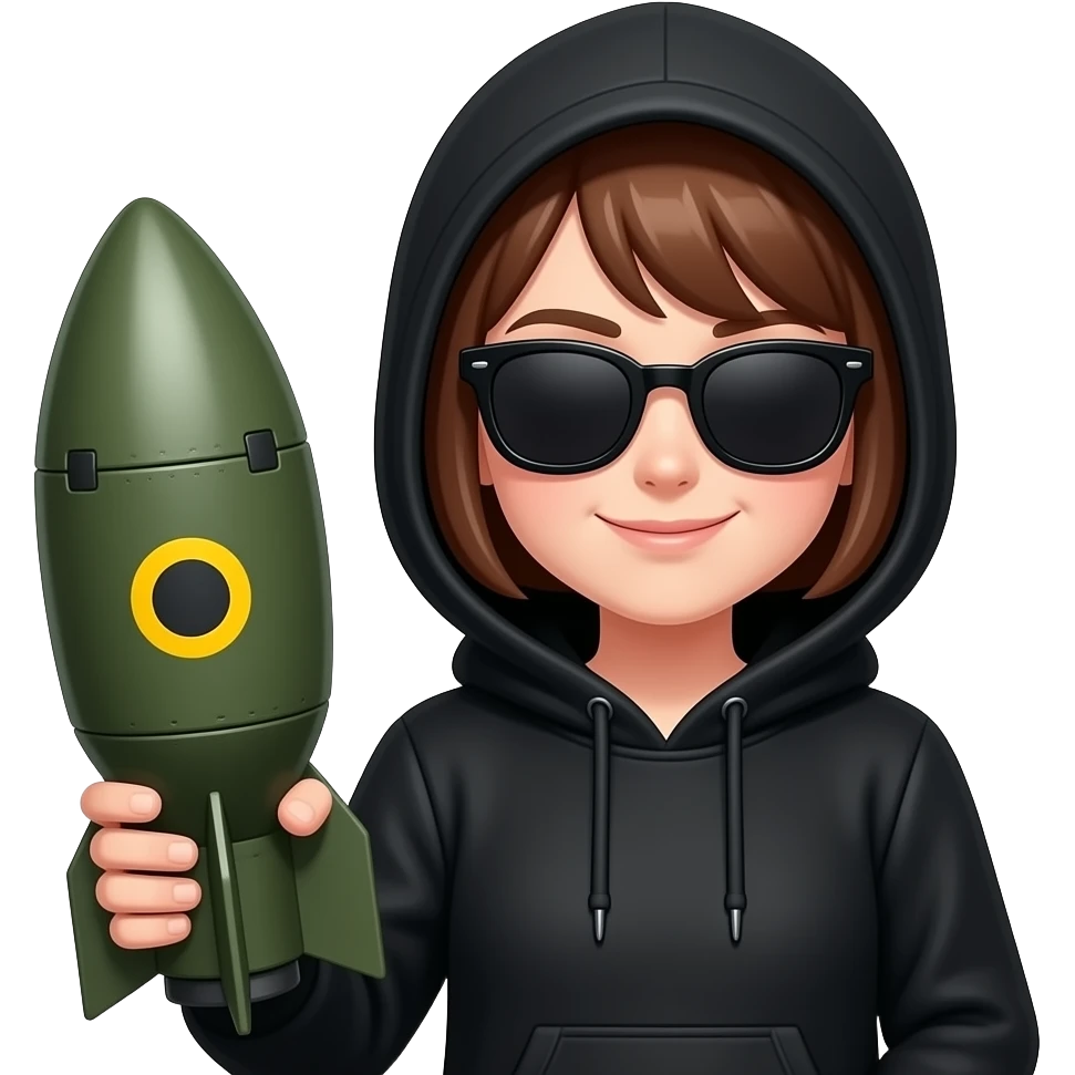 A girl wearing a Black hoodie with entire face is hidden in shadow. She’s wearing blacK sunglasses a closed mouth smirk on her face holding a large nuke in one hand. One eyebrow raised emoji