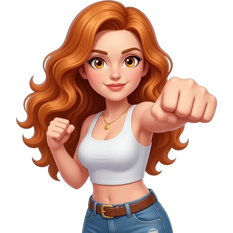 sexy girl with long curly ginger hair and ginger eyes is punching emoji