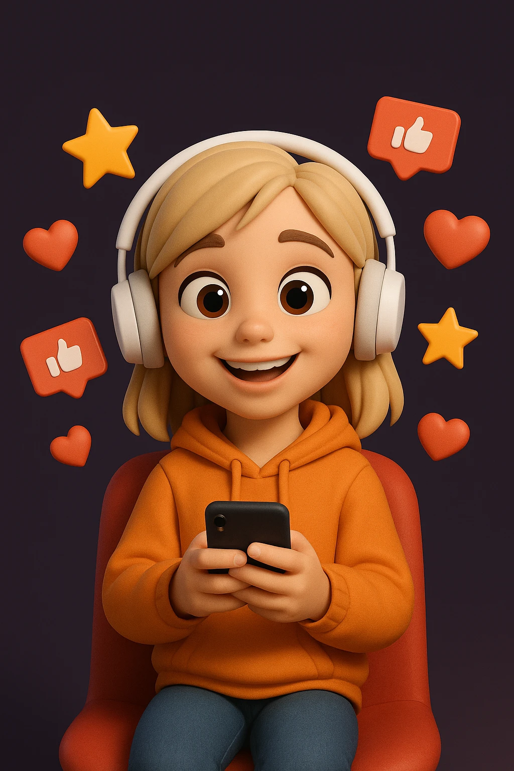 Create a detailed Generation Z girl character in a cartoonish 3D style with a happy expression, wearing an orange hoodie, sitting on a red chair, holding a smartphone in her hands and surrounded by floating icons of stars, likes and hearts.
The character should have stylised light hair, large expressive eyes, white on-ear headphones and a soft, expressive Pixar-style look.
Depict the character in full, centred in the frame, with even studio lighting, soft shadows
and a clean dark purple background for contrast. emoji