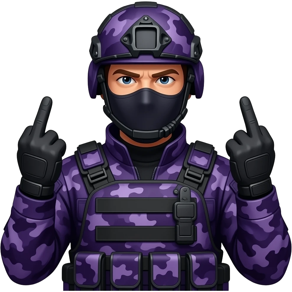 Man in dark purple camoflage tactical gear helmet and mask giving the finger two times emoji