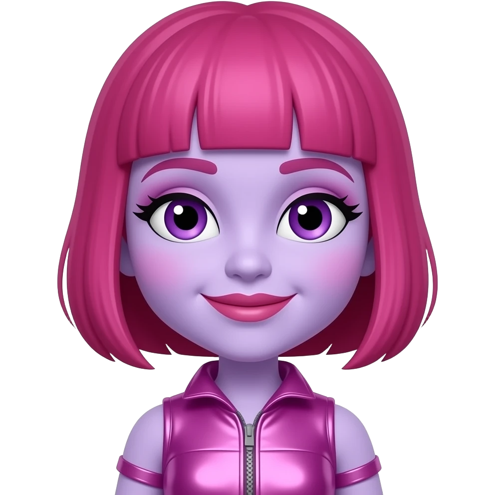 Deedee Doodle from The Doodlebops with lilac skin, purple eyes, pink shoulder-length bob hair, pink eyeshadow and lipstick, pink and purple metallic outfit emoji