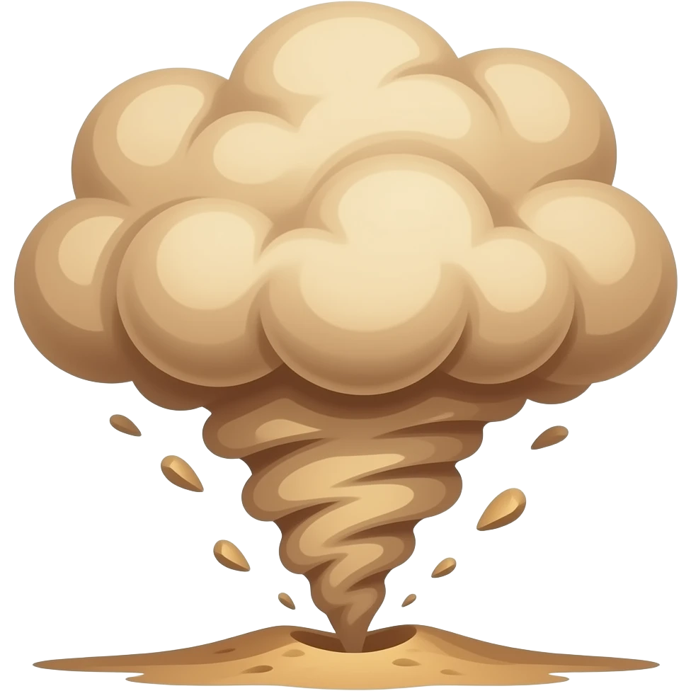 Minimal tactical cartoon emoji style, swirling desert dust cloud shaped like a small tornado, sandy particles flying outward, dynamic motion, transparent background, centered composition, thick outline, muted tan and brown colors. emoji