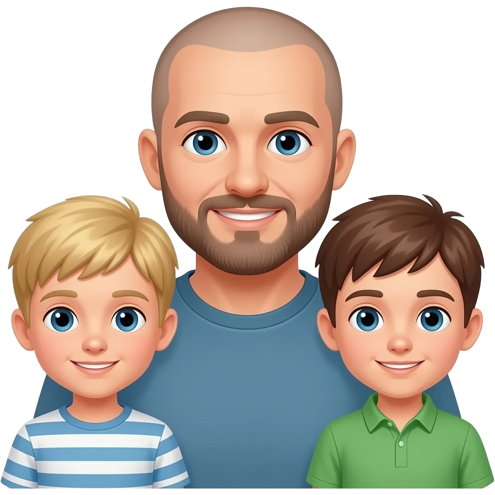 father shaved hair  bearded with two male child one blond and one brown emoji