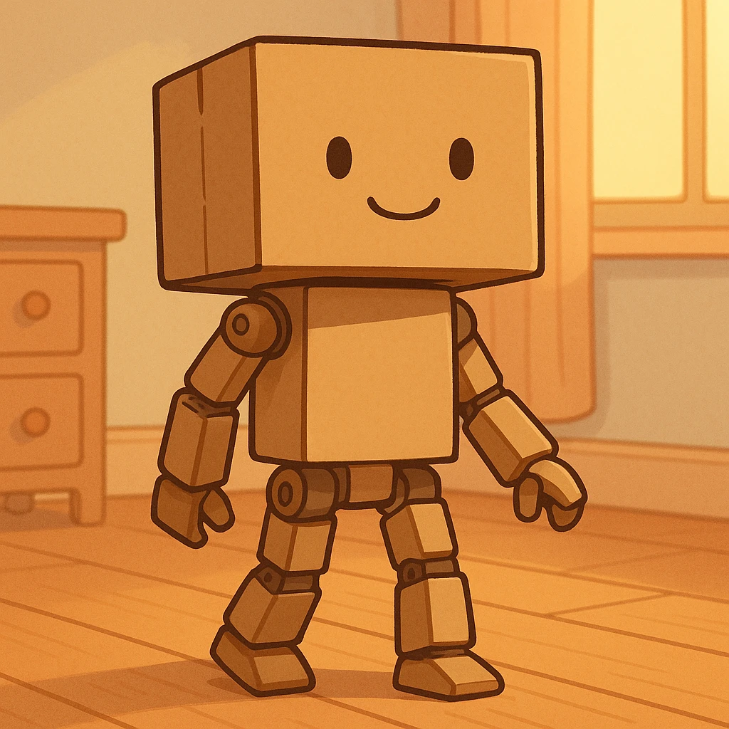cartoonish cardboard robot with square head, simple drawn face, jointed limbs, standing in a warm, softly lit room with wooden floor, pastel colors, clean lines, nostalgic and cozy emoji