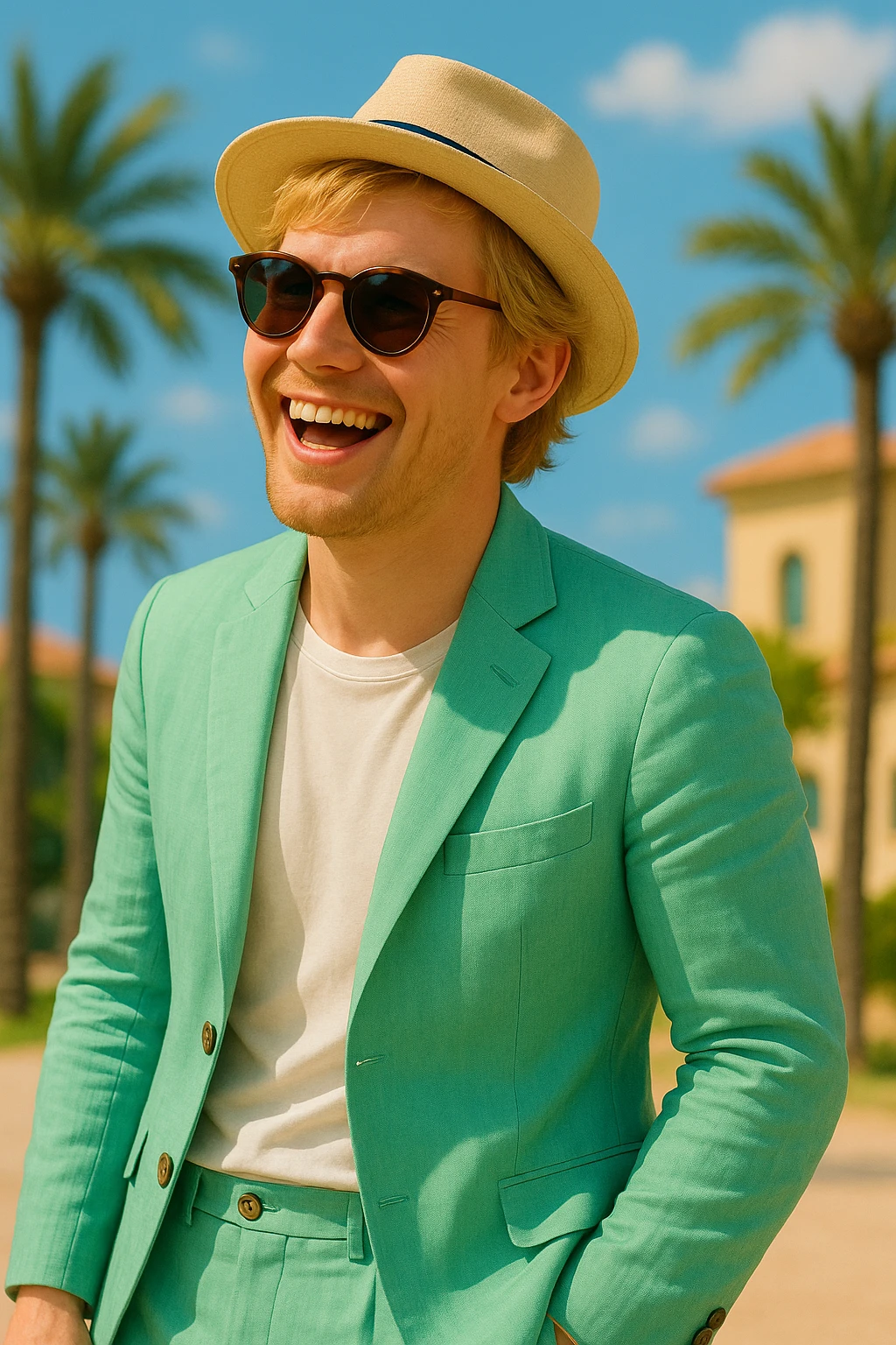 Make the man more animated and Scandinavian with lively expression and Scandinavian features. Keep the mint green linen suit, sunglasses, and straw hat. emoji