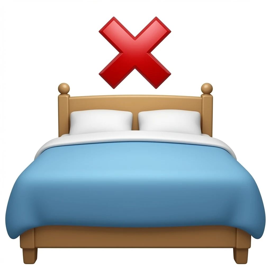 bed with headboard, basic, and on top of it is a red X emoji