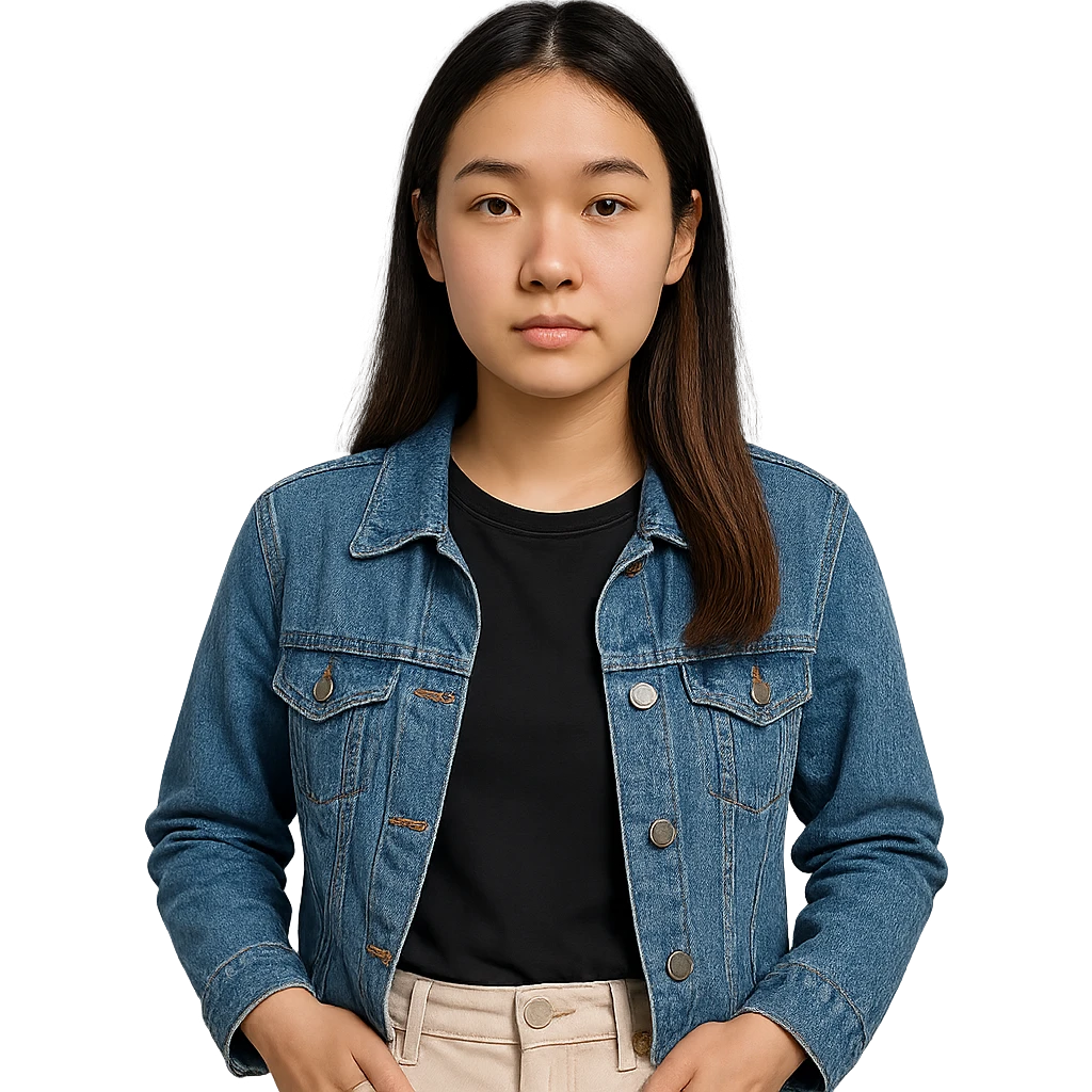 18-year-old Asian Finnish woman, neutral expression, modern casual style, clear facial features, no background emoji
