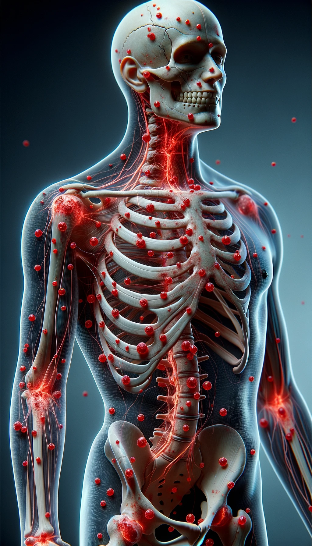 CORPO UMANO ANATOMICO CON RED SPOT DI INFIAMMAZIONE SPARSI SUL CORPO, iperrealistico 4k emoji