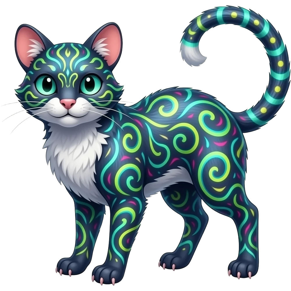 Tropical Neon-colored fantasy feline-rodent-marsupial-critter-vernid-fursona animal creature full body with intricate markings emoji