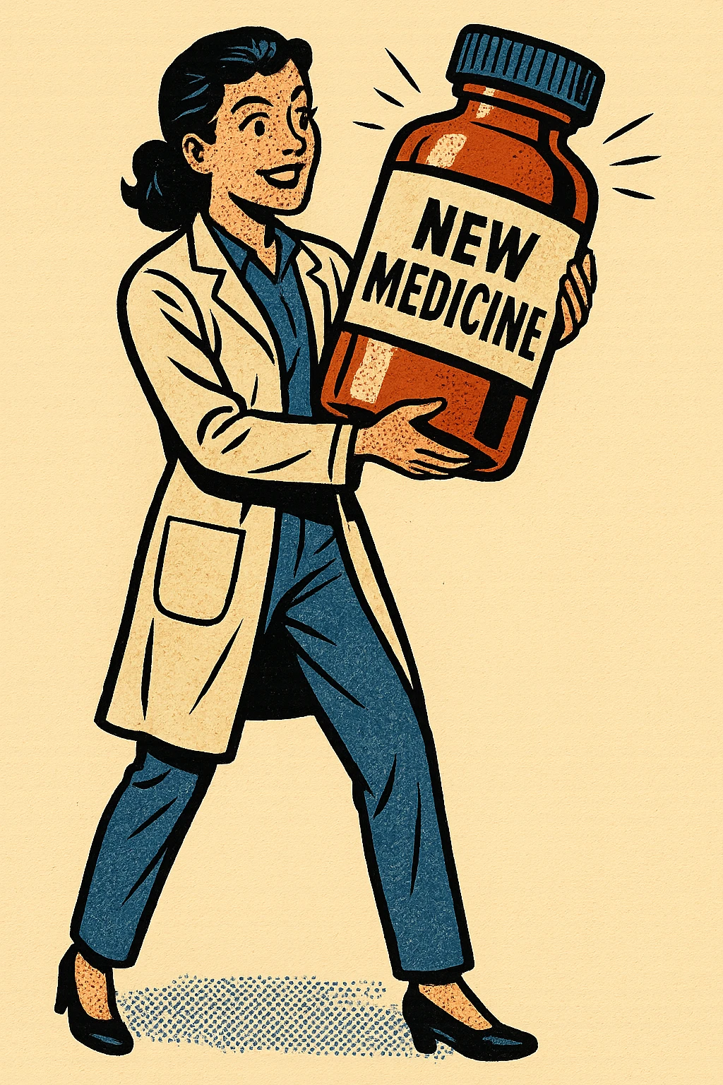 A full body image of modern day female scientist holding a large medicine bottle which is labelled 'New Medicine' emoji