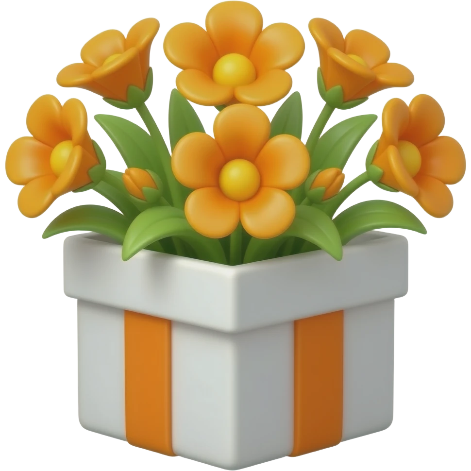 square gift box, no lid, spring orange flowers with green leaves protruding, flat style, soft shapes, emoji-like emoji