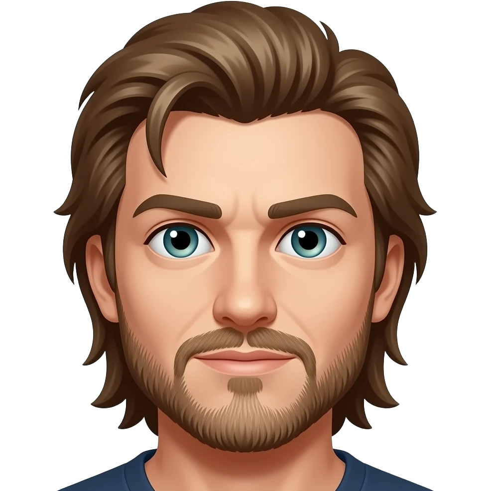 Mullet with side flares, hazel blue green eyes, some grays with mostly hazel hair, 5 o’clock shade beard emoji