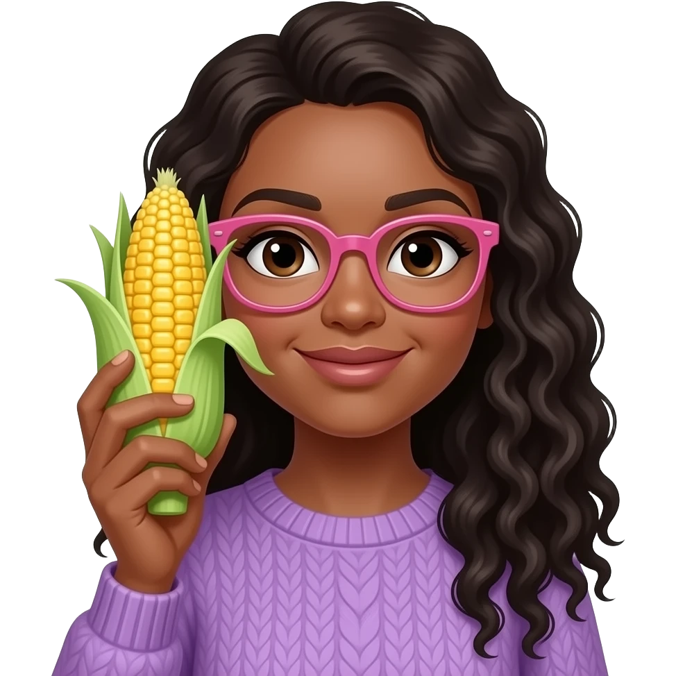 A black light skinned woman with long curly hair with a side part, and pink glasses, wearing a purple sweater and holding an ear of corn in front of her face emoji