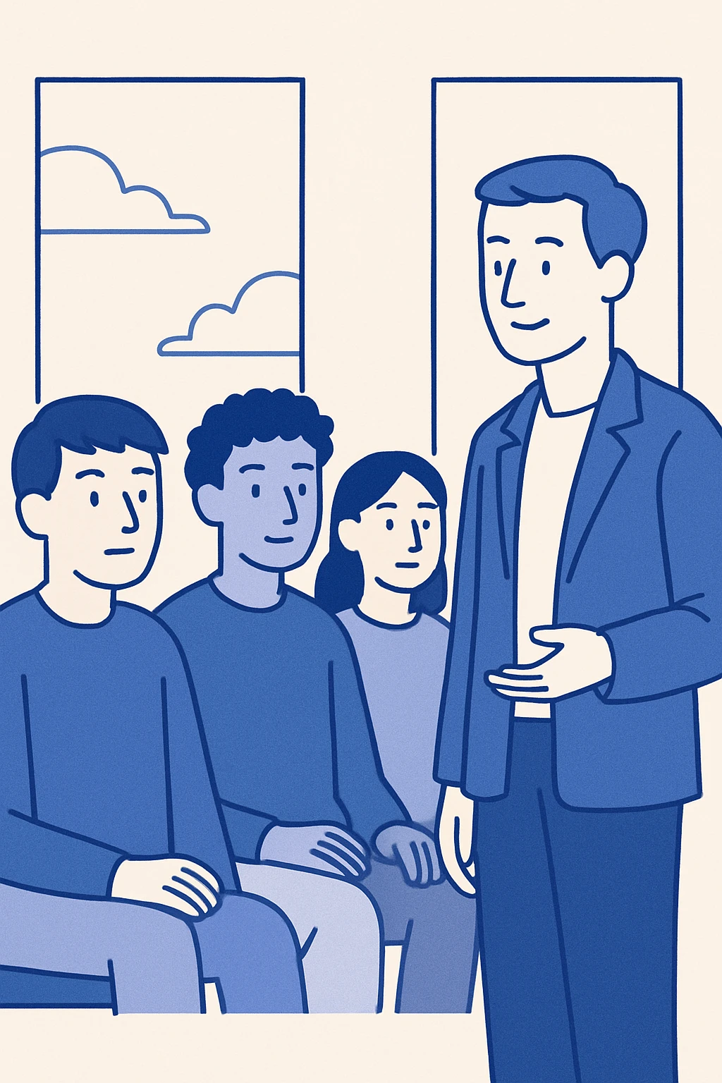 four young students focused listening to a professor, flat design style, classroom background with windows emoji