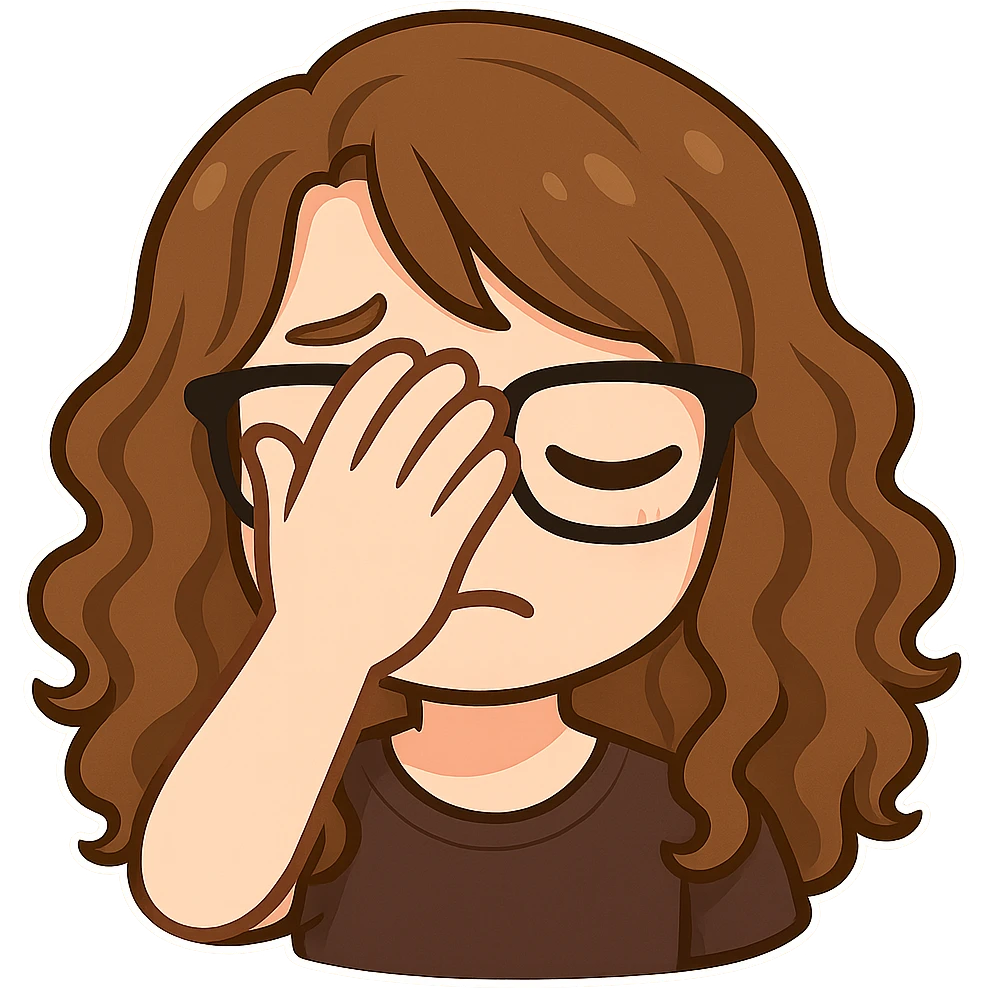 Create a chibi sticker emoji of this person with glasses and curly hair, facepalm expression, in Twitch emote style, with a transparent background. emoji