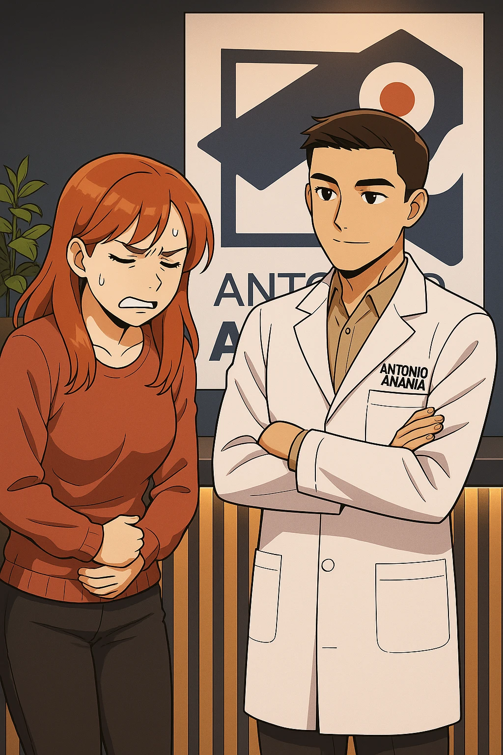 su questo stile fai un manga/webtoon a colori in cui una donna che parla esasperata dal suo problema, l'uomo della foto in stile manga gli risponde, mantieni un ambiente simile alla foto che ho allegato con il suo logo (sarebbe il suo studio, lui è un kinesiologo), scrivigli "ANTONIO ANANIA" sul camice bianco, non mettere fumetti, ma fai in modo che sembri che la donna chiede una cosa e l'uomo risponde alla sua domanda emoji