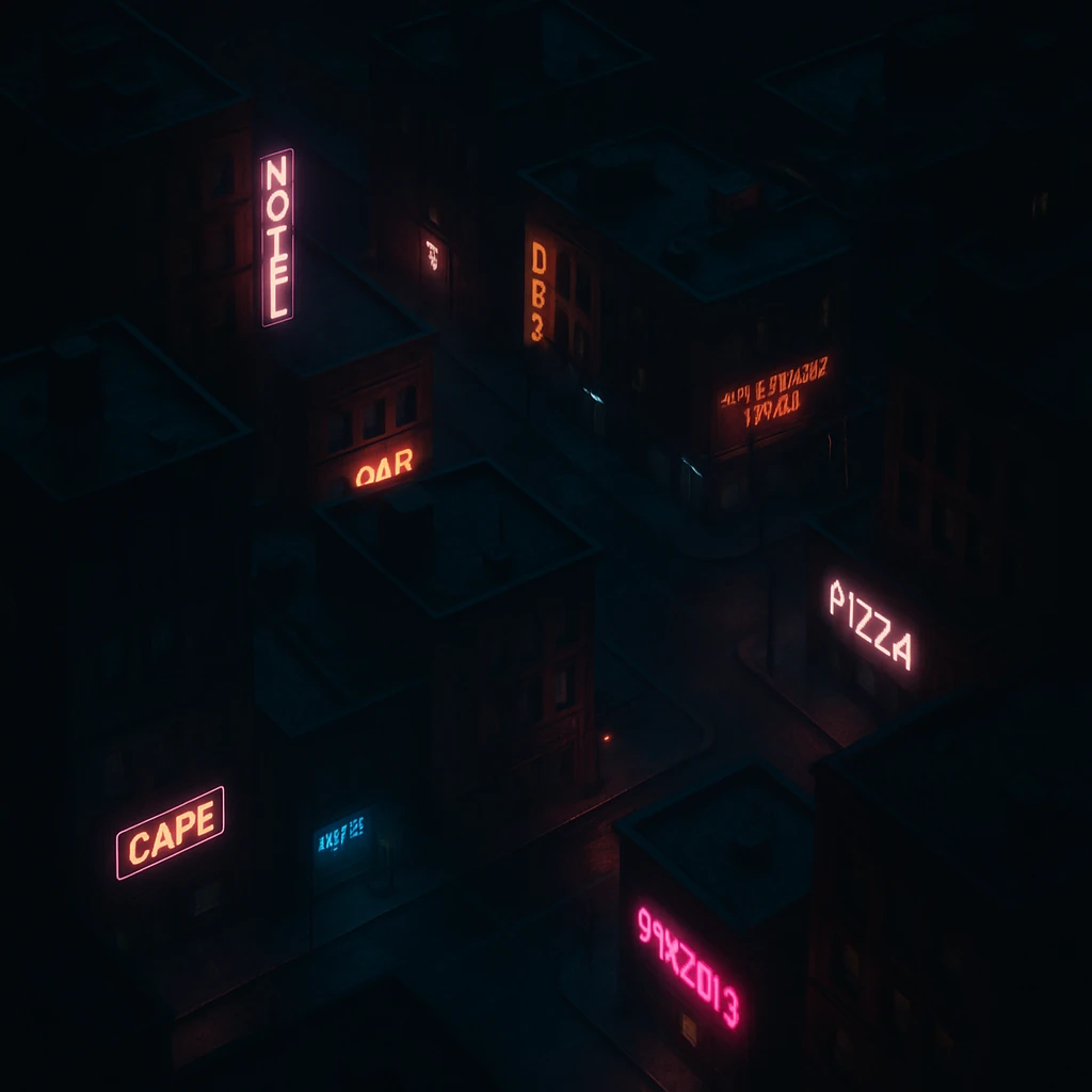 Realistic top-down view of a night city, all in shadow, only establishments glowing, dark and moody, neon noir style emoji