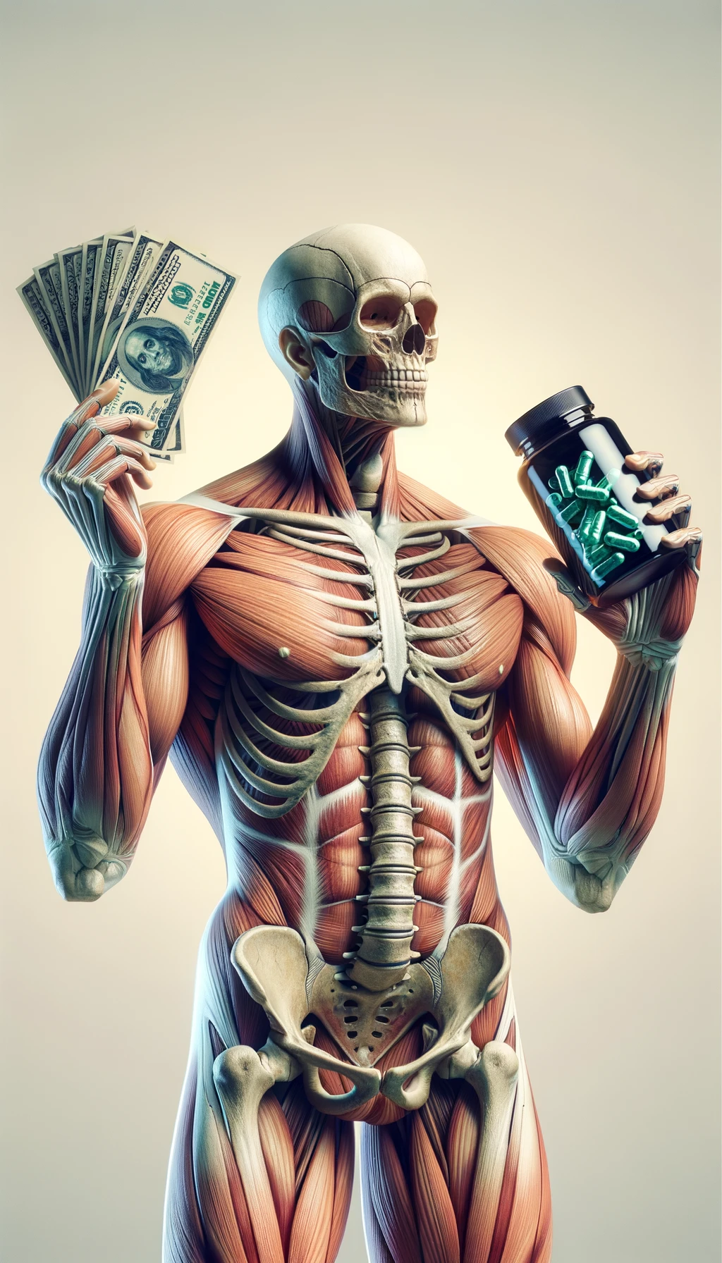 corpo umano anatomico che tiene nella mano destra una boccetta di integratore e nella mano sinistra delle banconote, sfondo neutro chiaro emoji