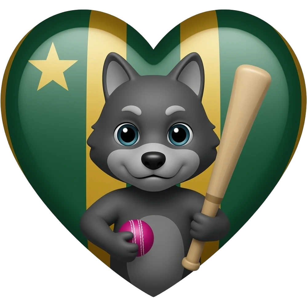 Dark Green  and gold heart with a dark grey wolf holding a pink cricket ball and bat emoji