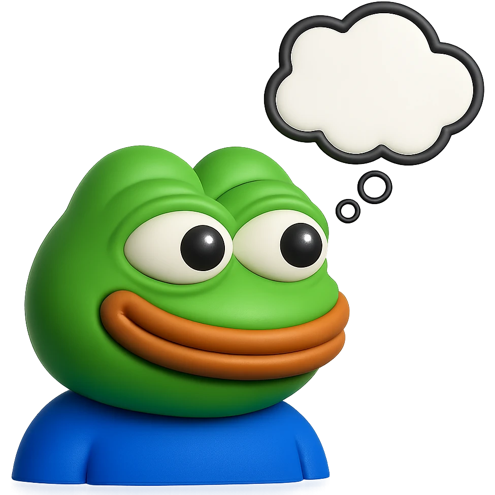 make a pepe in bright green smiling with thought bubble looking at left side in 3d style, good highlights and shadows, drop shadows emoji