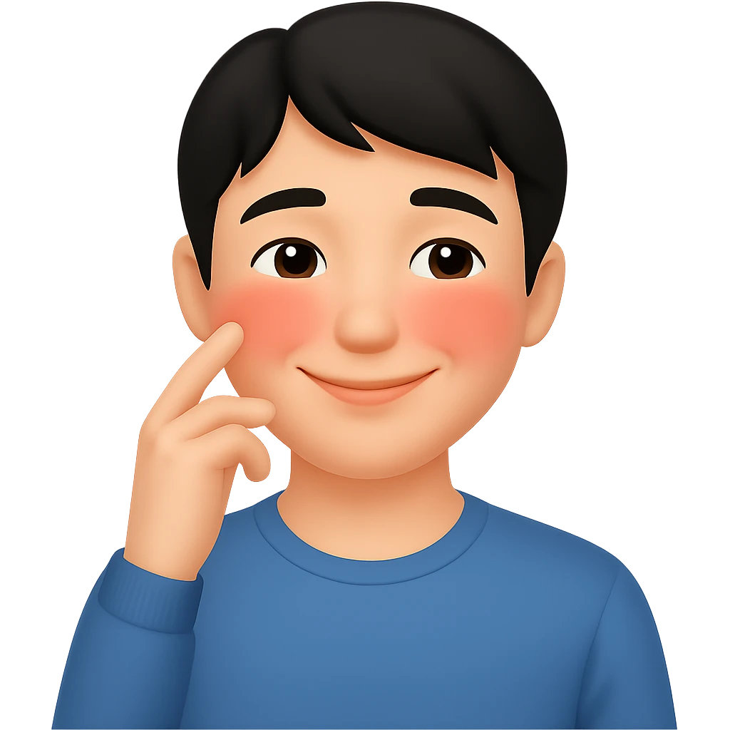 Make the handsome black-haired guy smile more, keeping his dreamy, flushed look and subtle romantic hints that his boyfriend is the cause of his low blood pressure. Preserve the transparent background. emoji