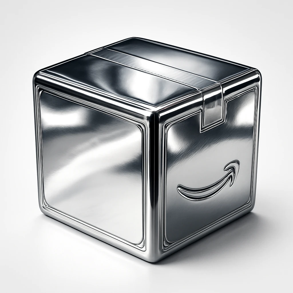 metallic chrome box, sleek and modern, with a shiny finish, maintaining the same package shape and visible tape details emoji