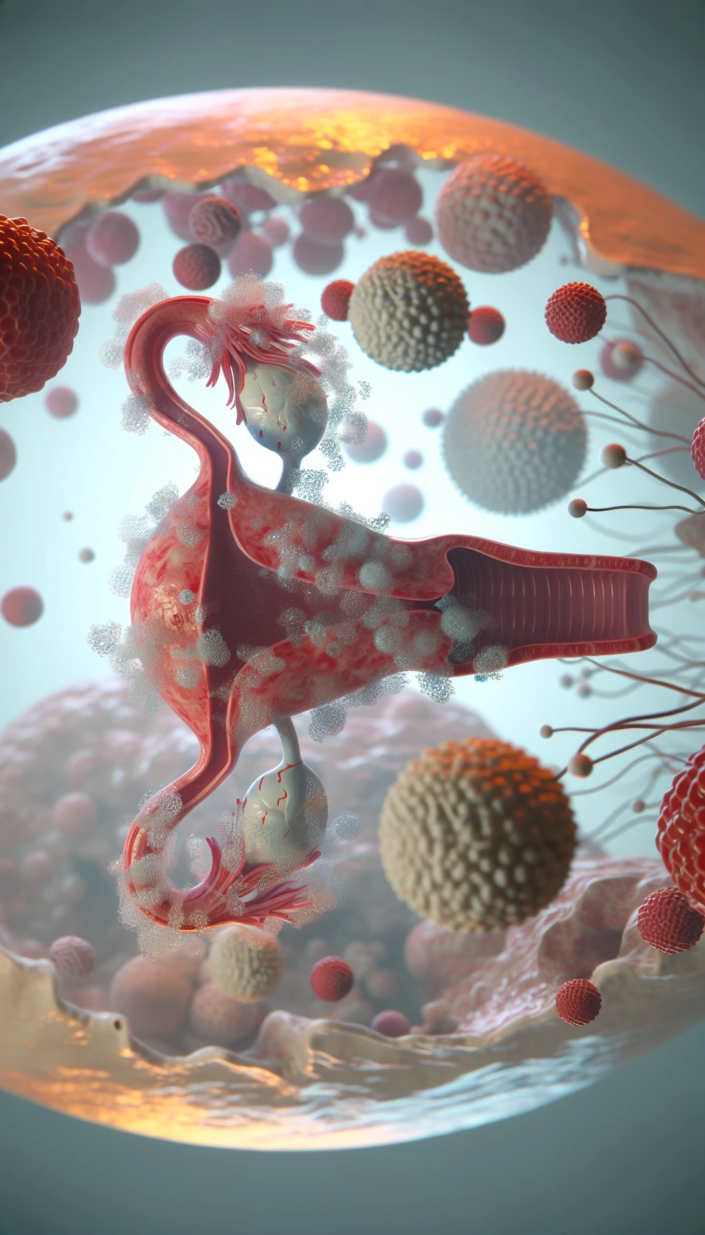 corpo umano anatomico con batteri come la candida nell'utero, sfondo neutro chiaro, iperrealistico 4k emoji