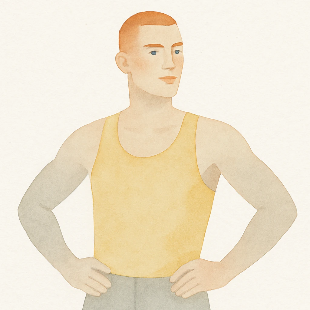 red-haired man with a buzz cut, yellow tank top, confident stance, minimal background emoji