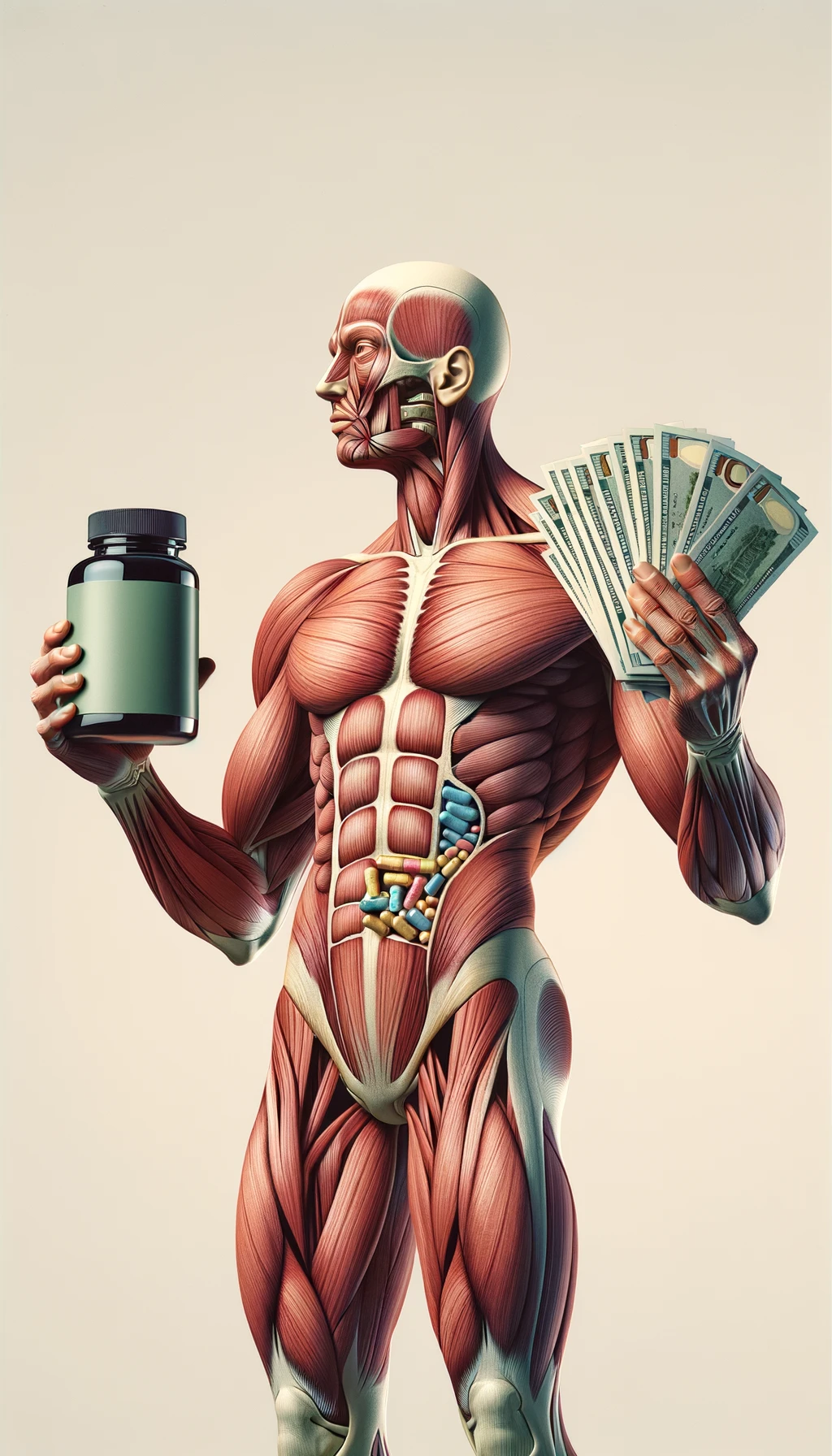 corpo umano anatomico che tiene nella mano destra una boccetta di integratore e nella mano sinistra delle banconote, sfondo neutro chiaro emoji