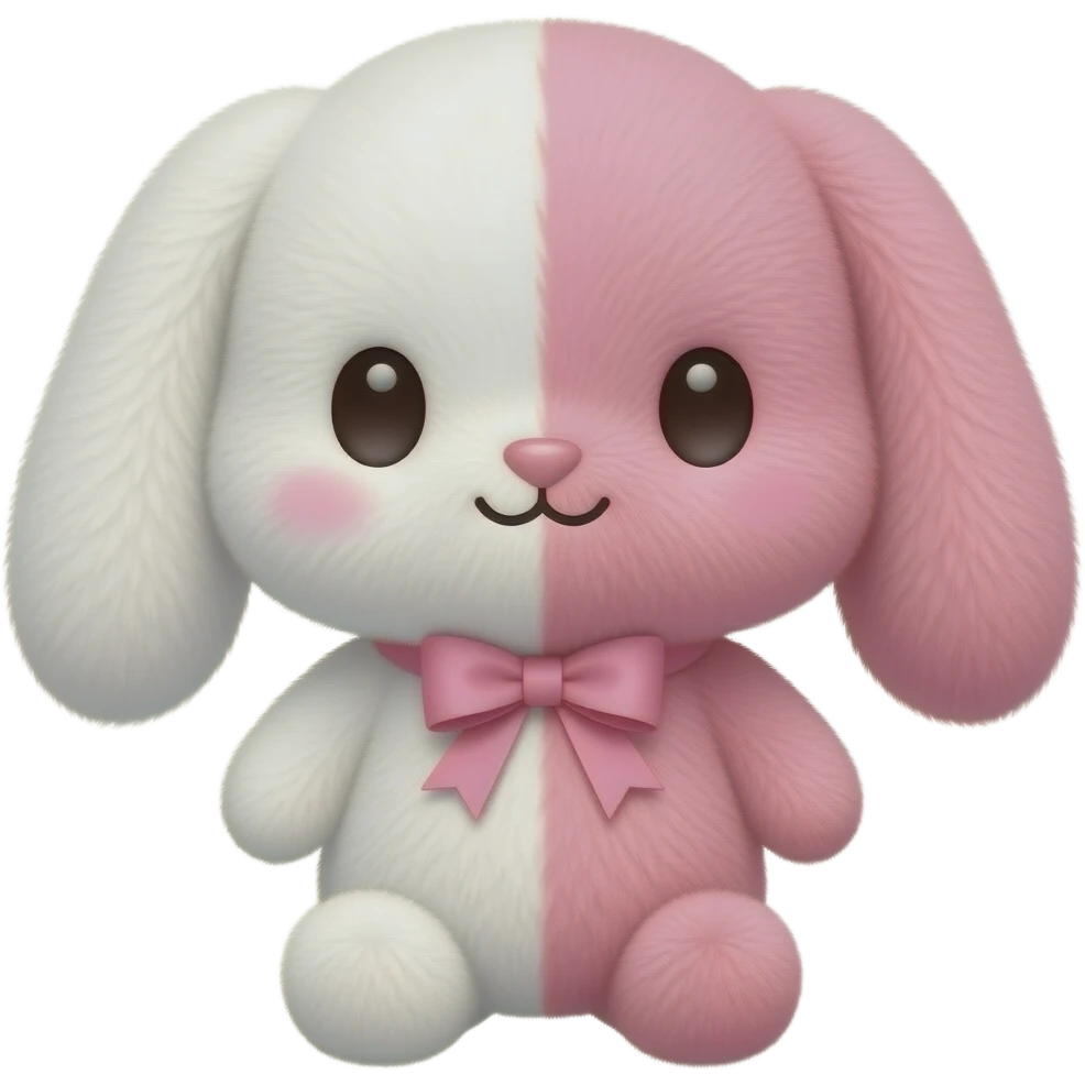 Um coelho de pelúcia metade branco é rosa as duas metafes com a cara fofa lacinho rosa ela se chama monomi emoji