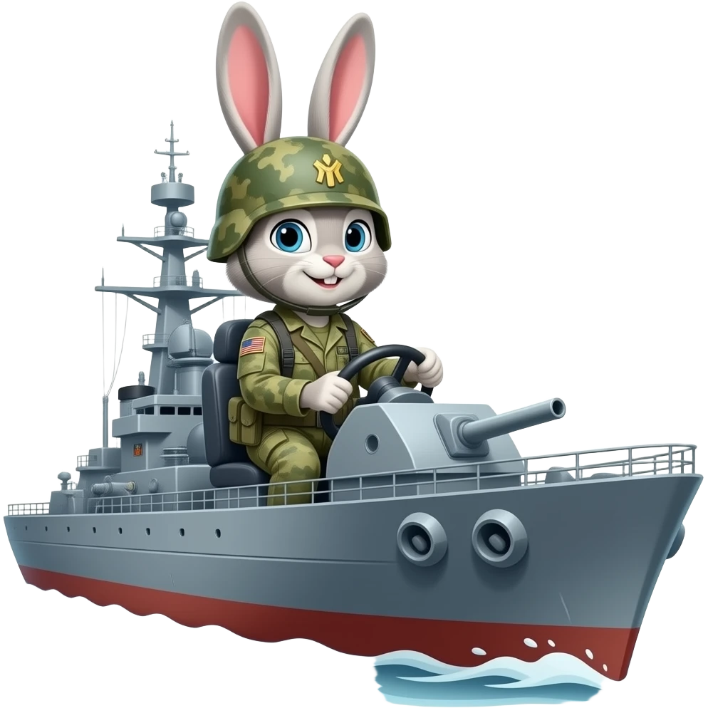 bunny in army fatigues driving a war ship text Killer Bunnies on bow emoji