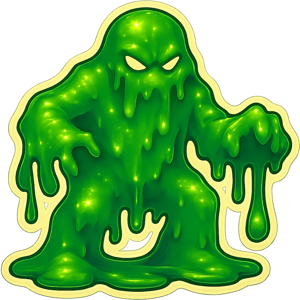 Slime monster. green slime. scary sinister. slime attacks. show full body. more dripping slime. talk humanoid slime creature. sinsiter and scary...green slime. has 2 arms and a vague head emoji