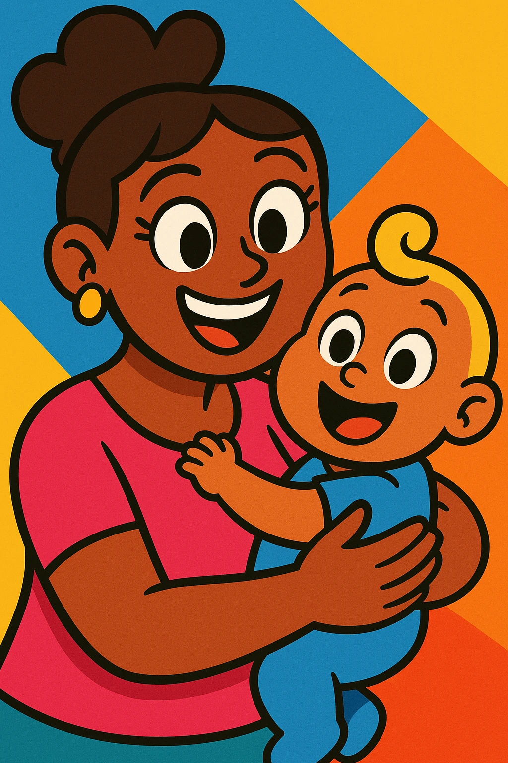 madre y bebé sonriendo juntos, estilo cartoon colorido, vibrante, alegre, expresiones felices emoji