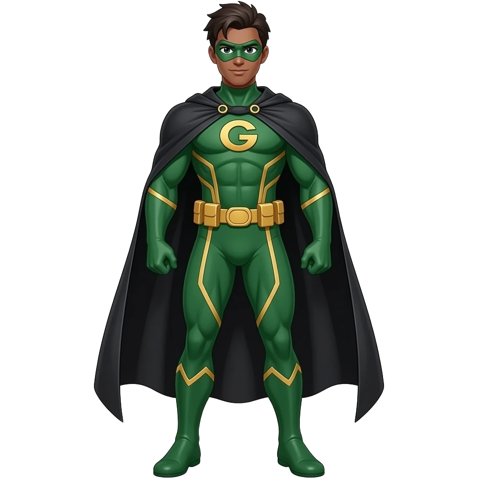 Anime men superhero suite brown skin green and gold lines long black cape and green face mask and letters G on the suite very tall full emoji