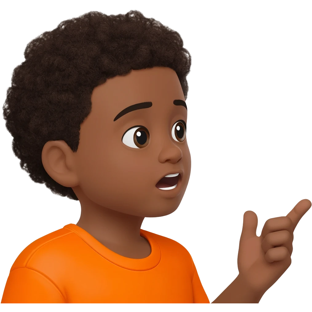 black boy curly hair orange shirt talking talk bubble emoji