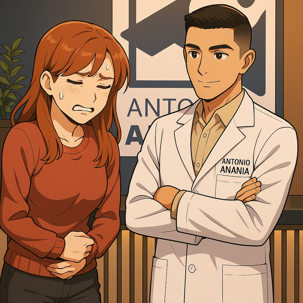 su questo stile fai un manga/webtoon a colori in cui una donna che parla esasperata dal suo problema, l'uomo della foto in stile manga gli risponde, mantieni un ambiente simile alla foto che ho allegato con il suo logo (sarebbe il suo studio, lui è un kinesiologo), scrivigli "ANTONIO ANANIA" sul camice bianco, non mettere fumetti, ma fai in modo che sembri che la donna chiede una cosa e l'uomo risponde alla sua domanda emoji
