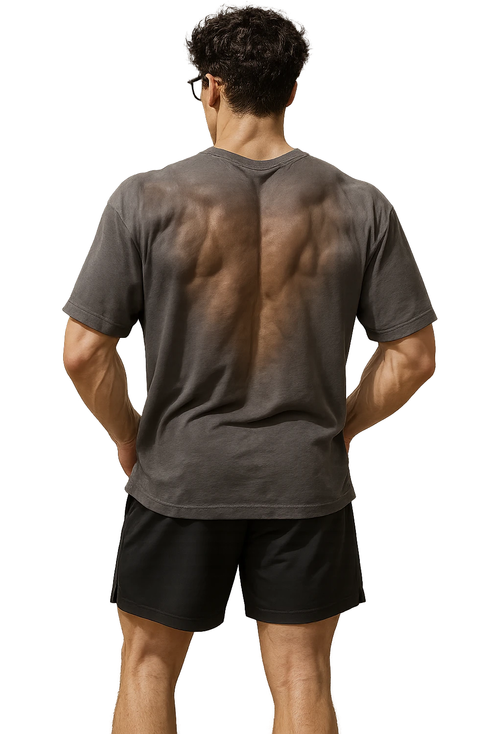 lascia questo ragazzo identico ma fallo in piedi di spalle con fasci muscolari della schiena contratti, senza macchinari, solo la sua figura, iperealistico 4k emoji
