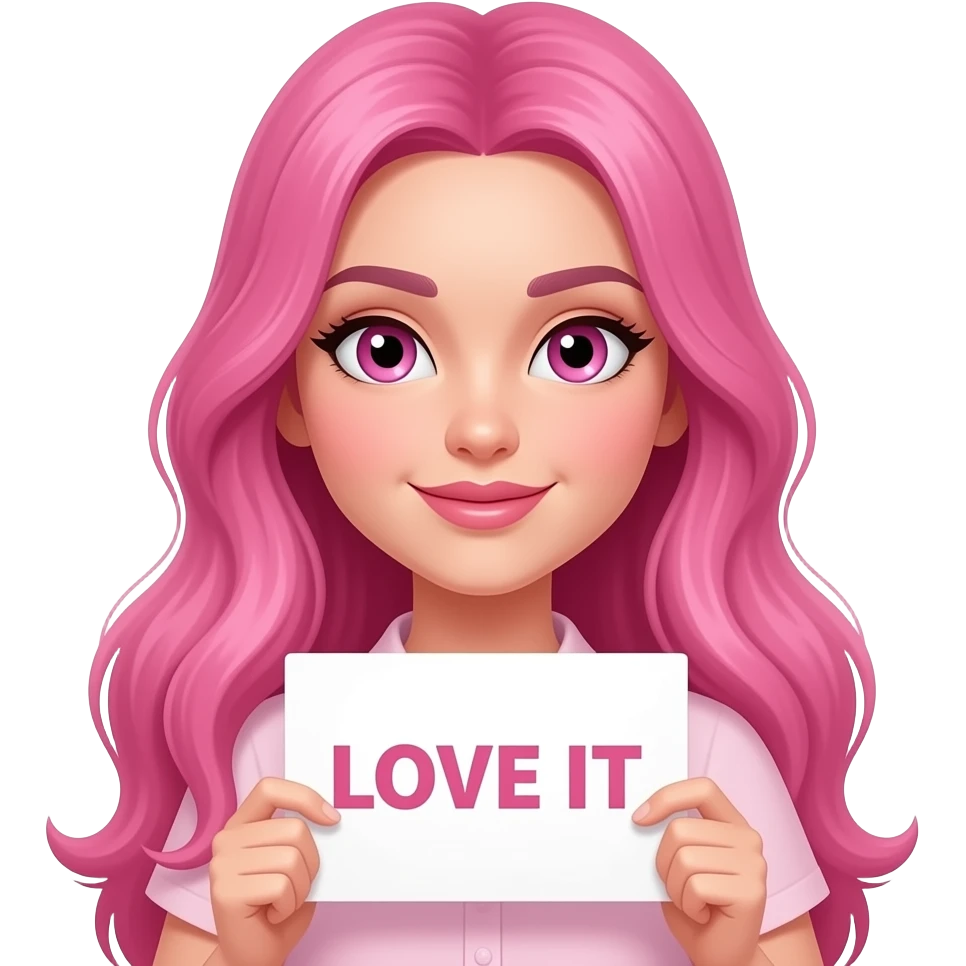 sexy girl with long pink hair and pink eyes wearing a holding a LOVE IT sign emoji