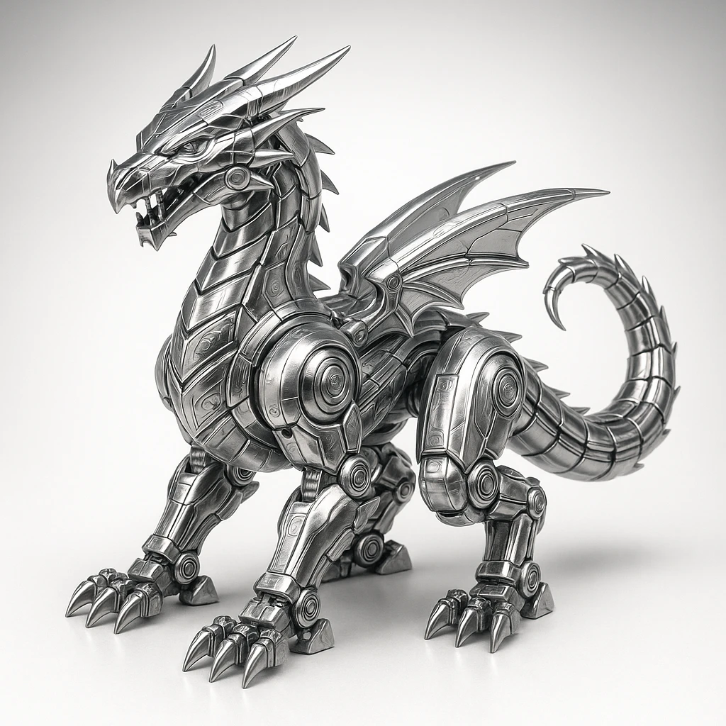 massive chrome-plated robotic dragon with articulated limbs, mechanical tail, powerful pose, 1:1 aspect ratio emoji