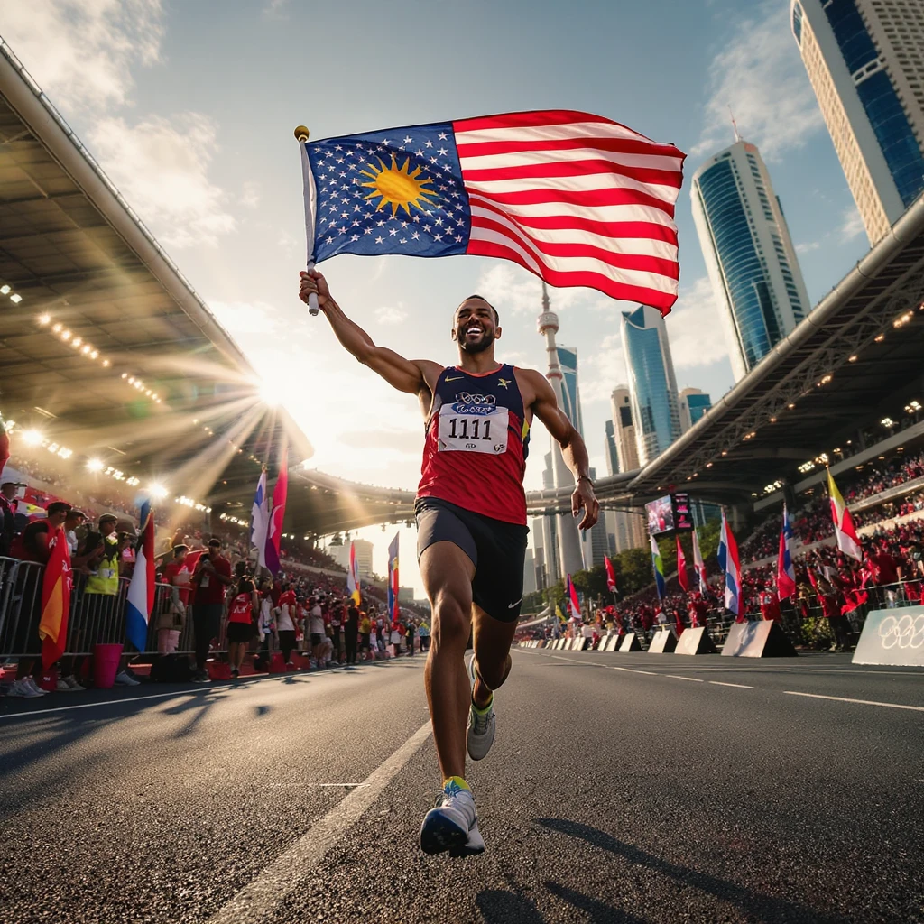 happy runner waving a flag of Olympic emoji