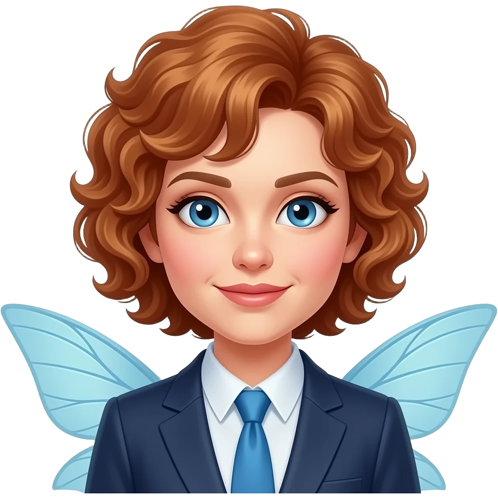 50 yr old petite femaile with blue eyes and pixie style curly hair auburne as the office fairy emoji