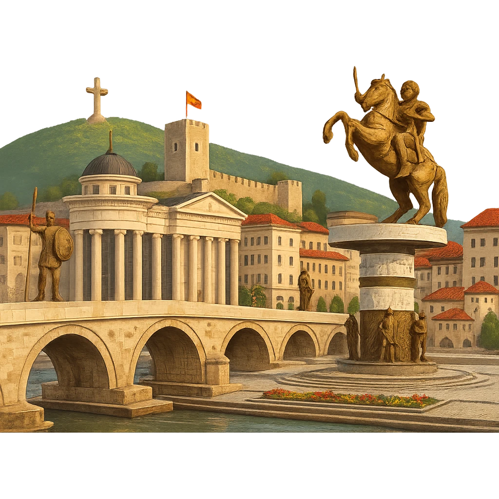 cinematic, realistic emoji of Skopje, wide city view with iconic landmarks Stone Bridge, Skopje Fortress (Kale), Millennium Cross, Macedonia Square statues, lifelike detail, accurate colors, bright daytime lighting, fully transparent background, no sky, no clouds emoji