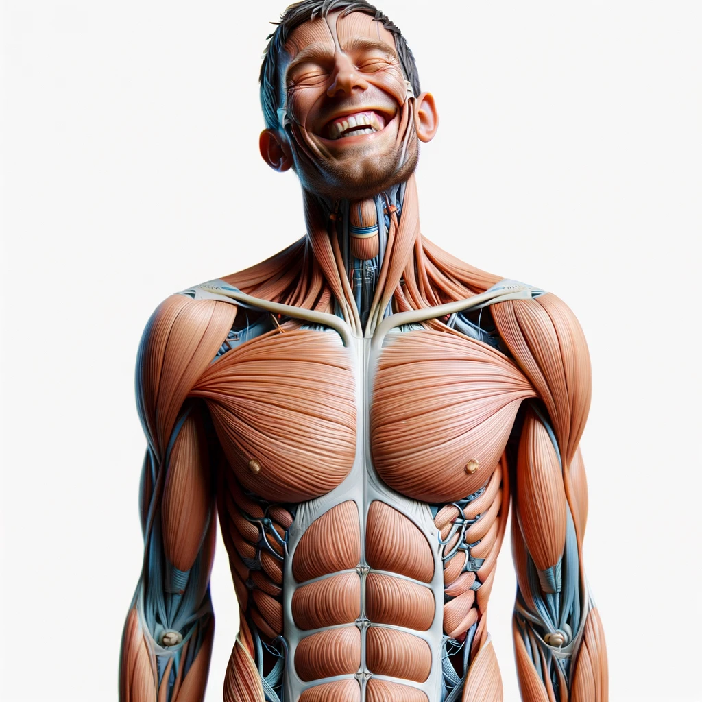 corpo umano anatomico a figura intera che sorride rilassato, iperrealistico 4k, isolato su sfondo bianco emoji