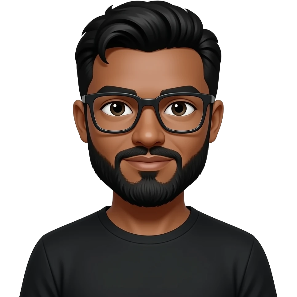 black hair, olive skin, black beard, with squar glasses, white eyes, black tee shirt emoji