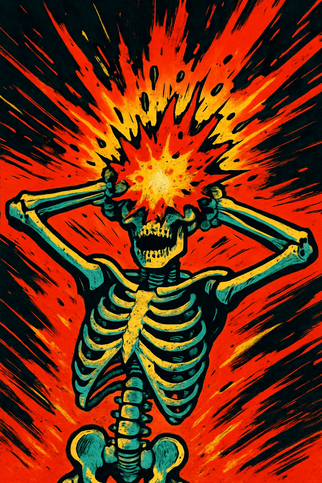 skeleton body with head exploding, hands behind head, dynamic and bold style emoji