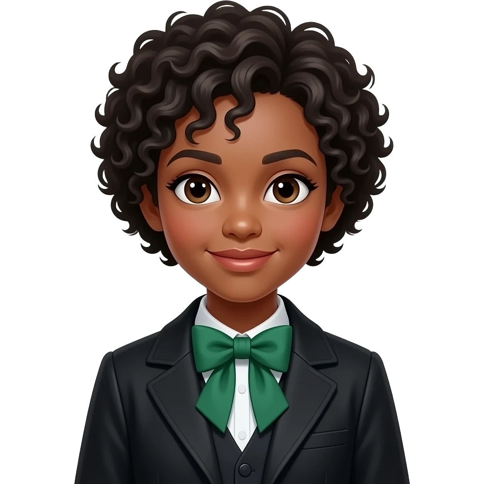 an afro girl wear black coat and green bow tie emoji